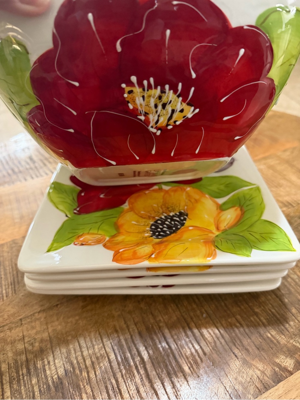 4 Laurie Gates LA Pottery Square Plates Red & Yellow Poppies 8.75” + Salad Bowl